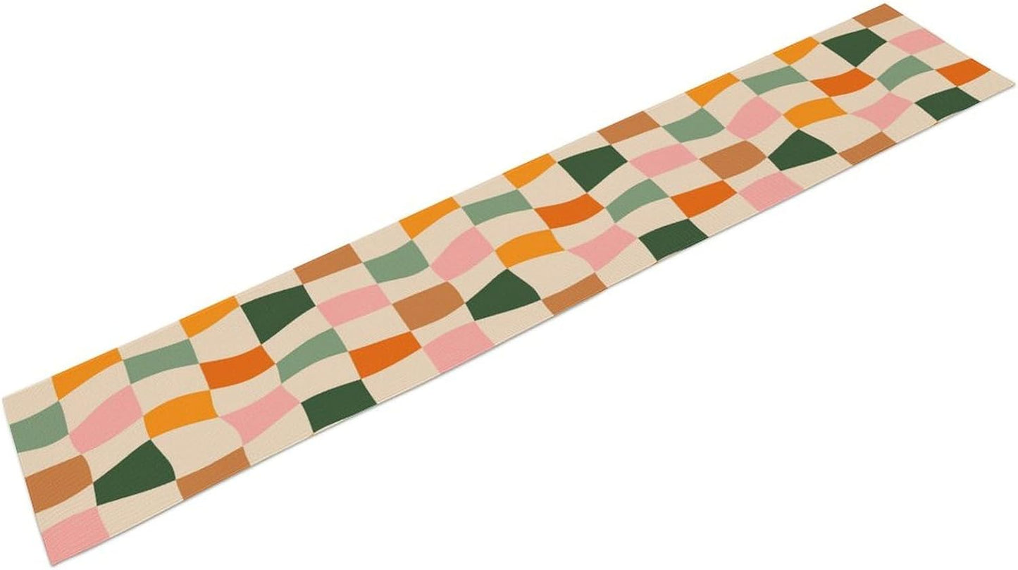 Hippie Table Runner, Vintage Geometric Square Orange Green Pink Grid 60s 70s Style Kitchen Dining Room Decor for Indoor Outdoor Wedding Party Table Runner 13x108 Inch