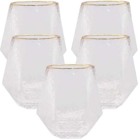 40 count Diamond Unbreakable Stemless Plastic Wine Champagne Whiskey Glasses Elegant Durable Disposable Indoor Outdoor Ideal for Home, Office, Bars, Wedding, 12 Ounce Cups (Hammered Gold Rim)