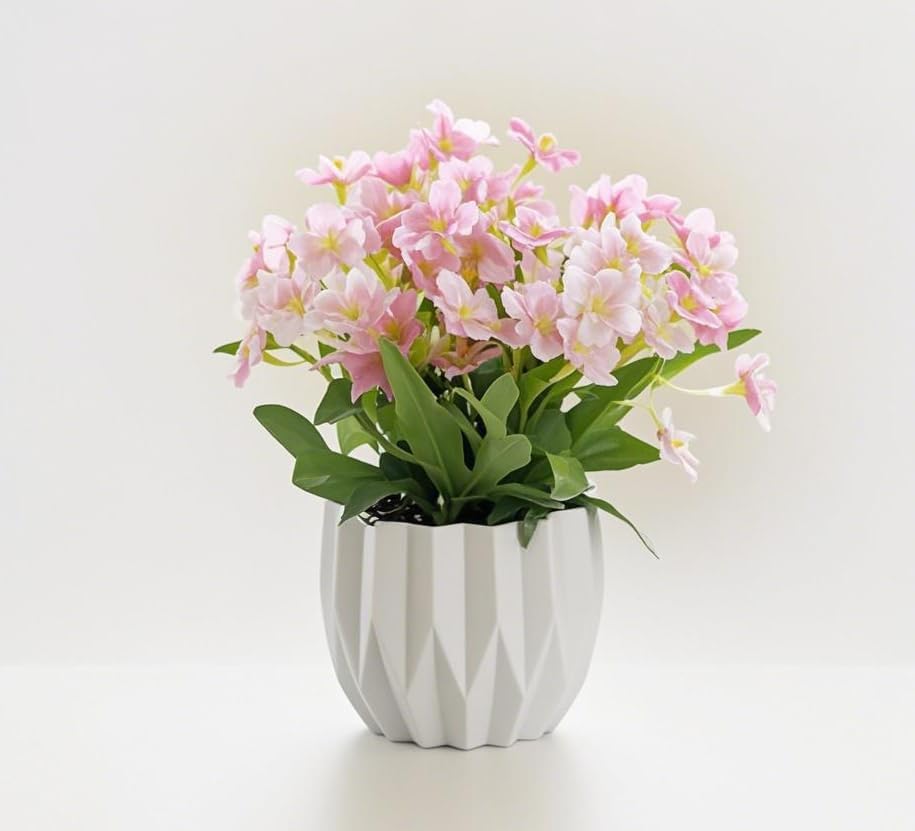 Artificial Flower Arrangement in Modern White Geometric Vase, Decorative Floral (Pink)