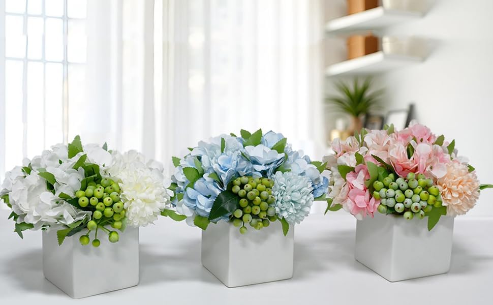 LADADA Fake Flowers in Ceramic Vase,Faux Hydrangea Flower Arrangements for Home Decor Artificial Flowers with Vase