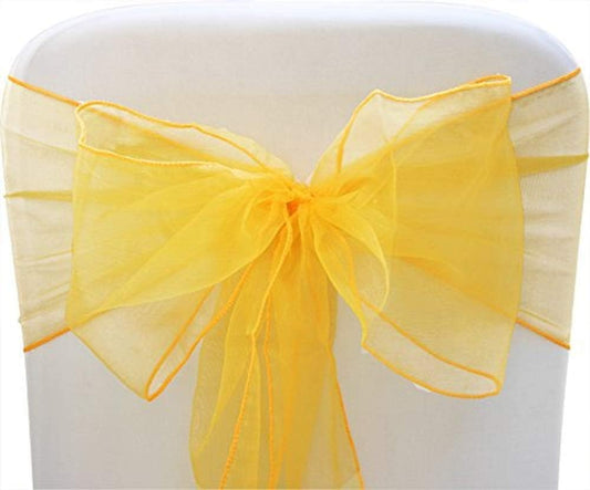 Organza Chair Bow Sash Décor Bows Sashes for Wedding Reception Events Banquets Decoration - (Pack of 25, Yellow)