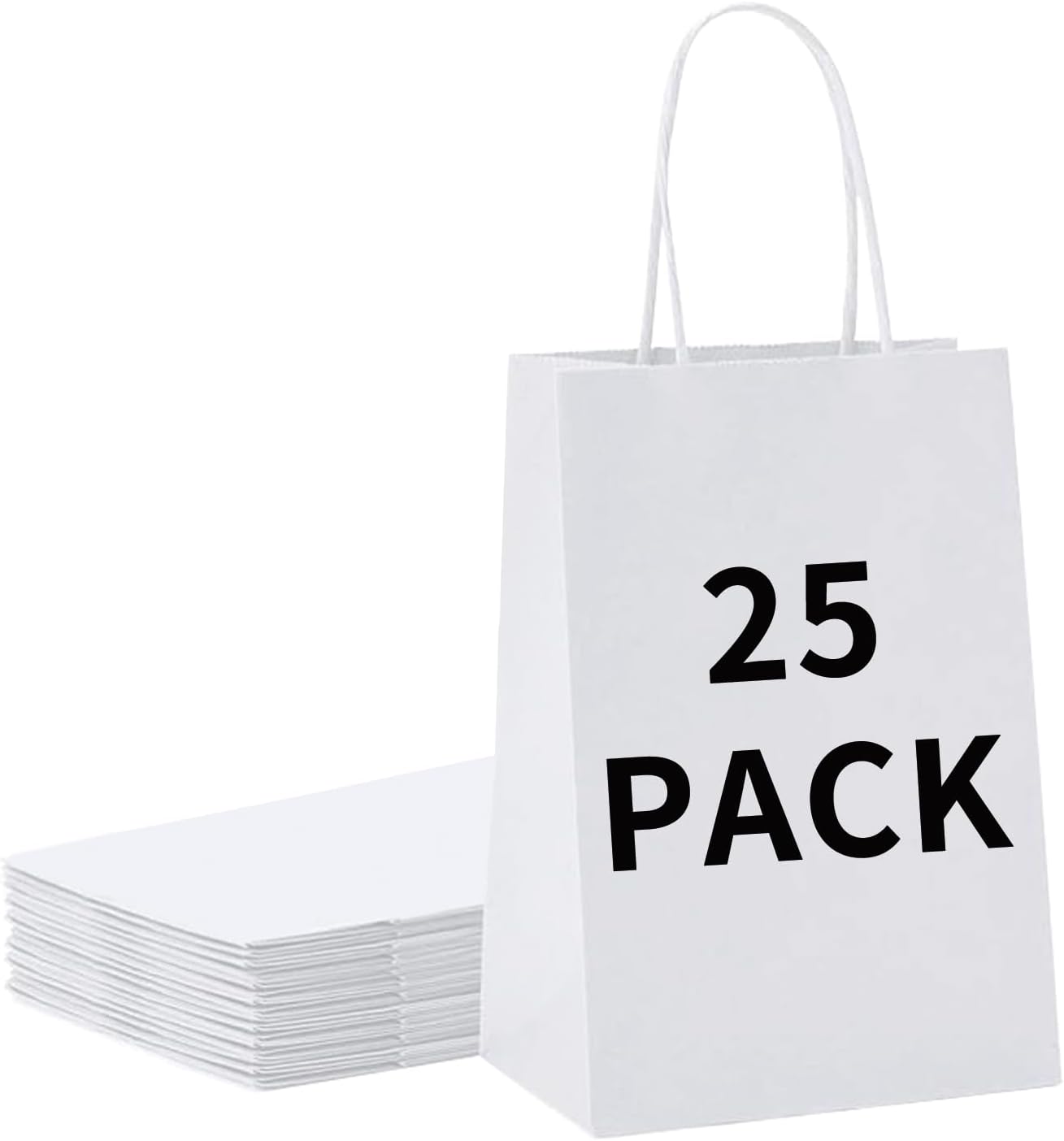 BAG BOX 25 Pack 5.9x3.1x8.25 Inch White Gift Bags with Handles,Bulk Kraft Paper Bags for Shopping, Retail, Merchandise, Wedding, Party Favors, Paper Grocery Sacks