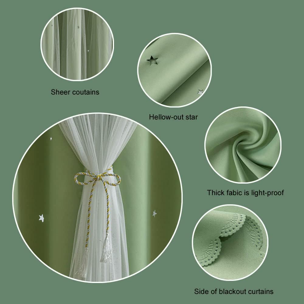 FANLI 2 Panels Star Blackout Curtains for Kid Girls Bedroom Living Room Darking Stripe Double Layer Star Cut Out Wall Home Decor Gradient Grommet Window Curtains (Green 84L)