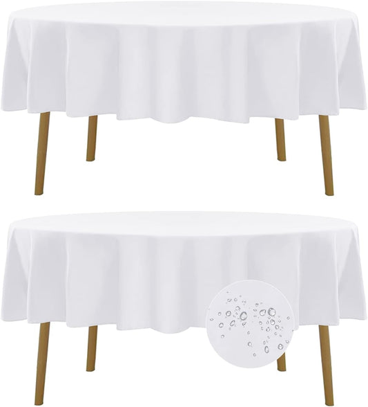 Fokitut 2 Pack Waterproof Round Tablecloth, 60 Inch, Stain Resistant and Wrinkle Polyester Table Cloth, Fabric Table Cover for Kitchen Dining, Wedding, Party, Holiday Dinner-White