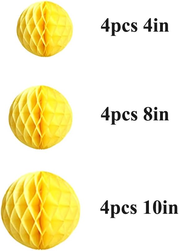 12pcs Honeycomb Balls Decorations - 4'' 8'' 10'' Yellow Honeycomb Flower Pom Poms for Baby Shower, Birthday, Wedding, Nursery Wall Decor