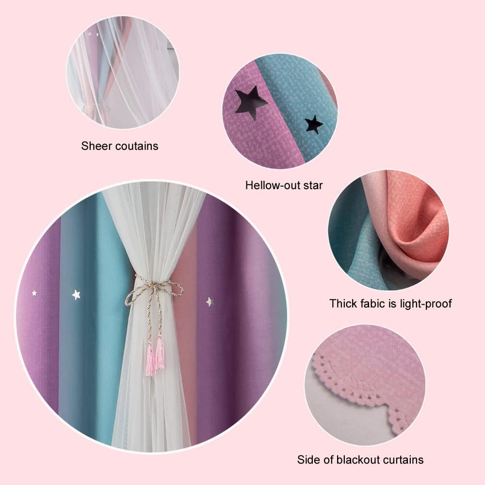 FANLI Ombre Rainbow Blackout Curtains for Kid Girls Bedroom Living Room Darking Stripe Double Layer Star Cut Out Wall Home Decor Gradient Grommet Window Curtains (Pink Purple, 52W x 63L)