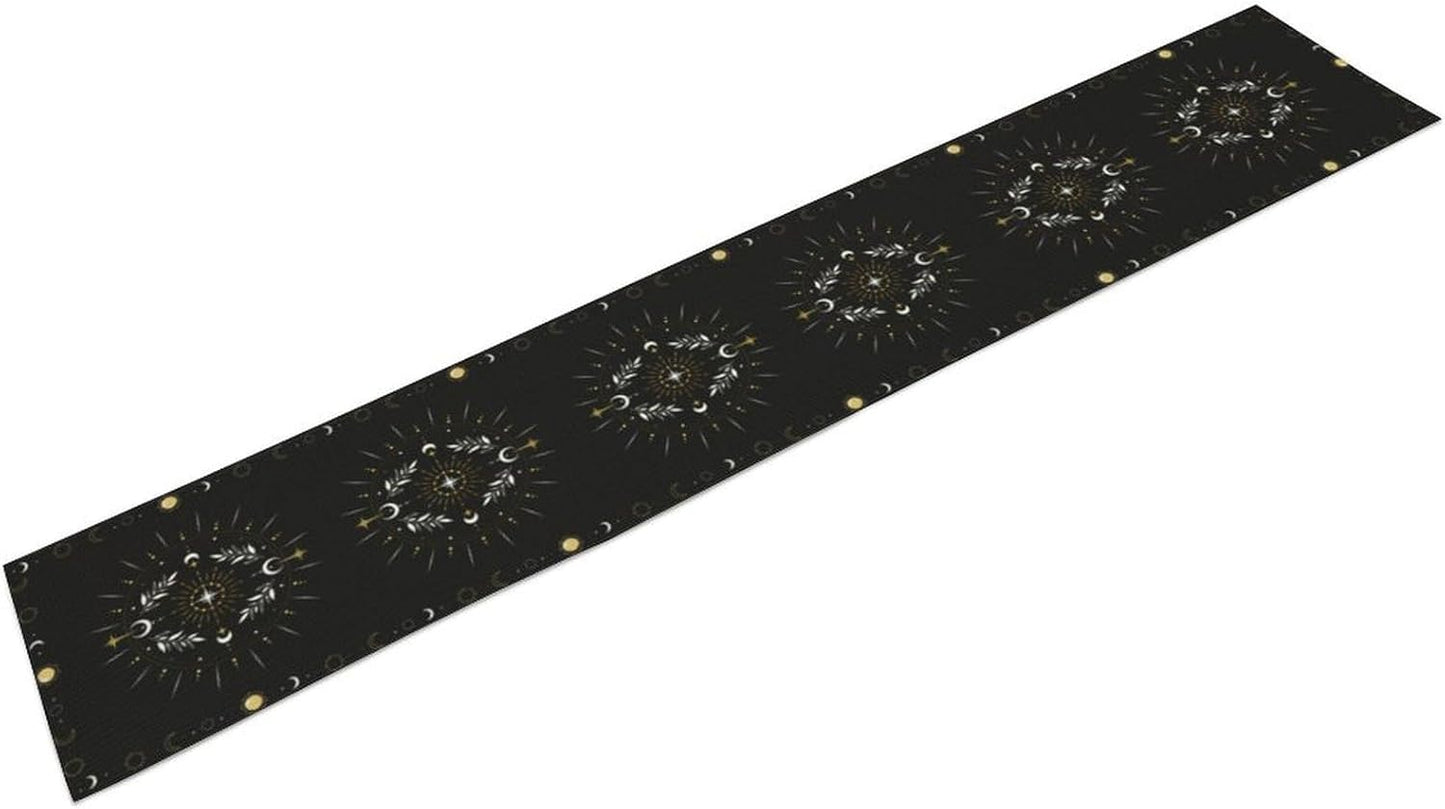 Sun Moon Table Runner, Magical Leaves Mysterious Western Traditional Elements Black White Table Runner for Party Living Room Home Kitchen Dinner 13x90 Inch