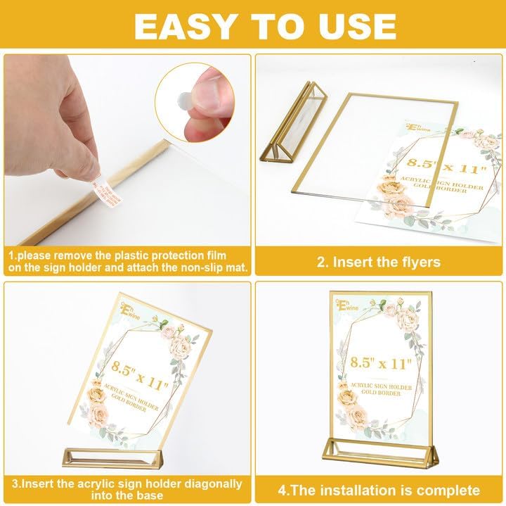 EHWINE 8 Pack Acrylic Sign Holder 8.5 x 11, Double Sided Gold Picture Frame Stand up Table Top Sign Holders, Clear Display Stand Menu Flyer Holder for Wedding Party (Provide Non-slip Mats)