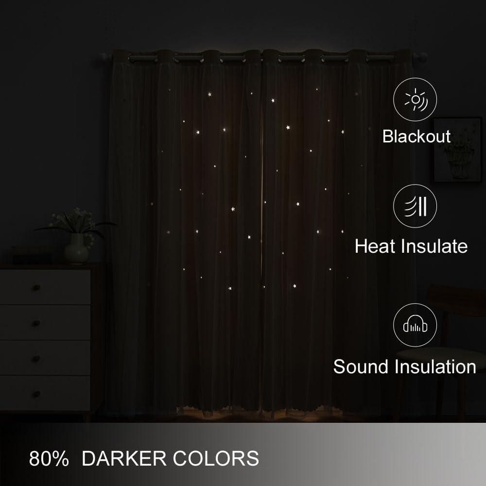 FANLI 2 Panels Star Blackout Curtains for Kid Girls Bedroom Living Room Darking Stripe Double Layer Star Cut Out Wall Home Decor Gradient Grommet Window Curtains (Beige 63L)