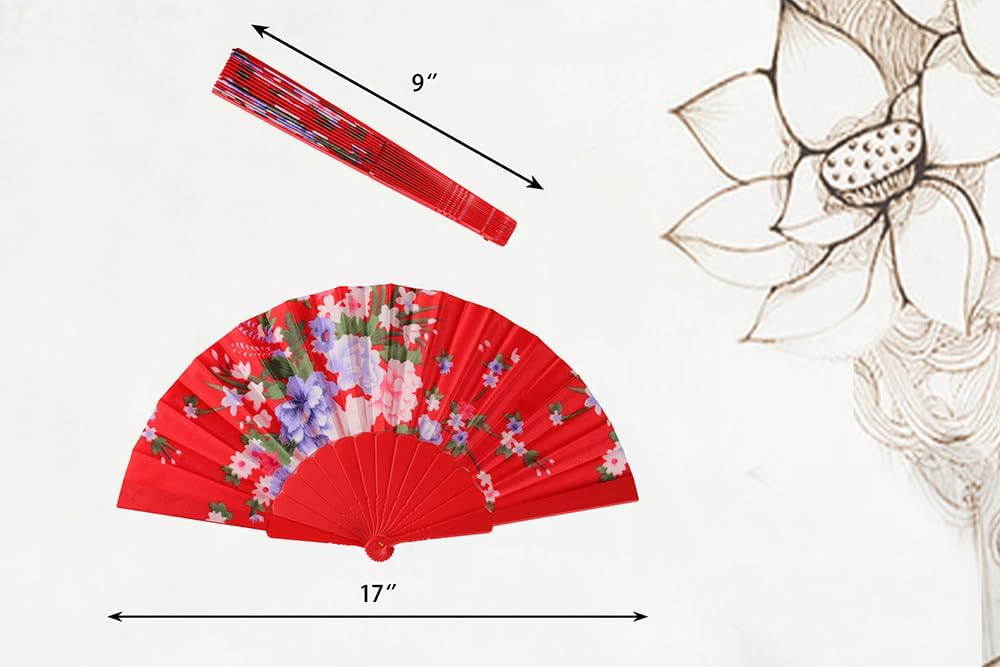 HUNANBANG 4 Pcs Oriental Flowers Japanese Folding Hand Fans Spanish Church Wedding Vintage Gift, Party Favors, DIY Decoration retro Gift Size 8 1/4" Wholesale (4pack)
