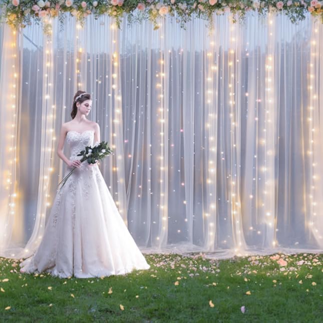 10ft x 8ft White Sheer Tulle Backdrop Curtains with Lights String Wedding Backdrop for Reception Ceremony Birthday Party Baby Shower Photo Booth Background Decoration