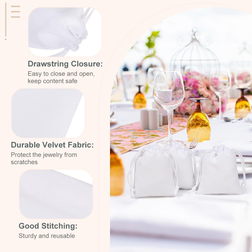 Shintop 50pcs Little velvet gift bags, 3x4inch White Jewelry Bags Drawstring Coin Pouches for Party Favor Small Business