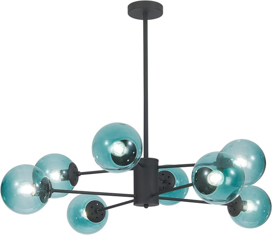 KCO Lighting Modern 8-Lights Blue Glass Sputnik Chandelier Mid-Century Matte Black Globe Flush Mount Chandelier Industrial Large Glass Ball Sputnik Chandelier Pendant Lamp (Black+Blue)