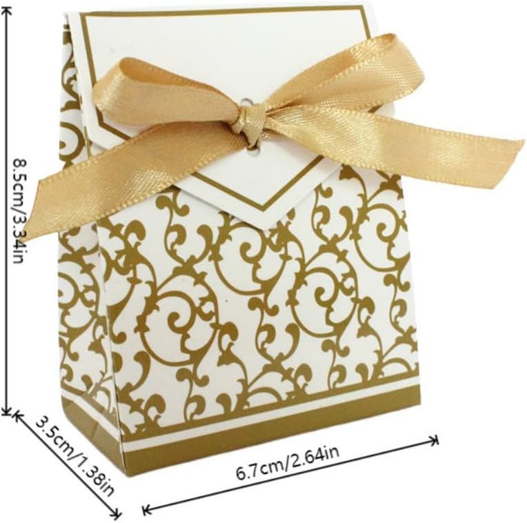 KUPOO 50PCS Candy Boxes,Gold Ribbon Wedding Favor Boxes Candy Bag Cake Box for Wedding Party Decoration Easter (gold)