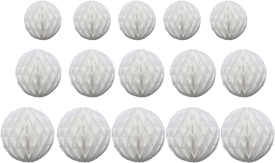 15pcs Honeycomb Ball Decorations - 4' 6' 8' Tissue Pom Pom Hanging Balls for Parties, Baby Showers, Birthdays & Weddings (White)