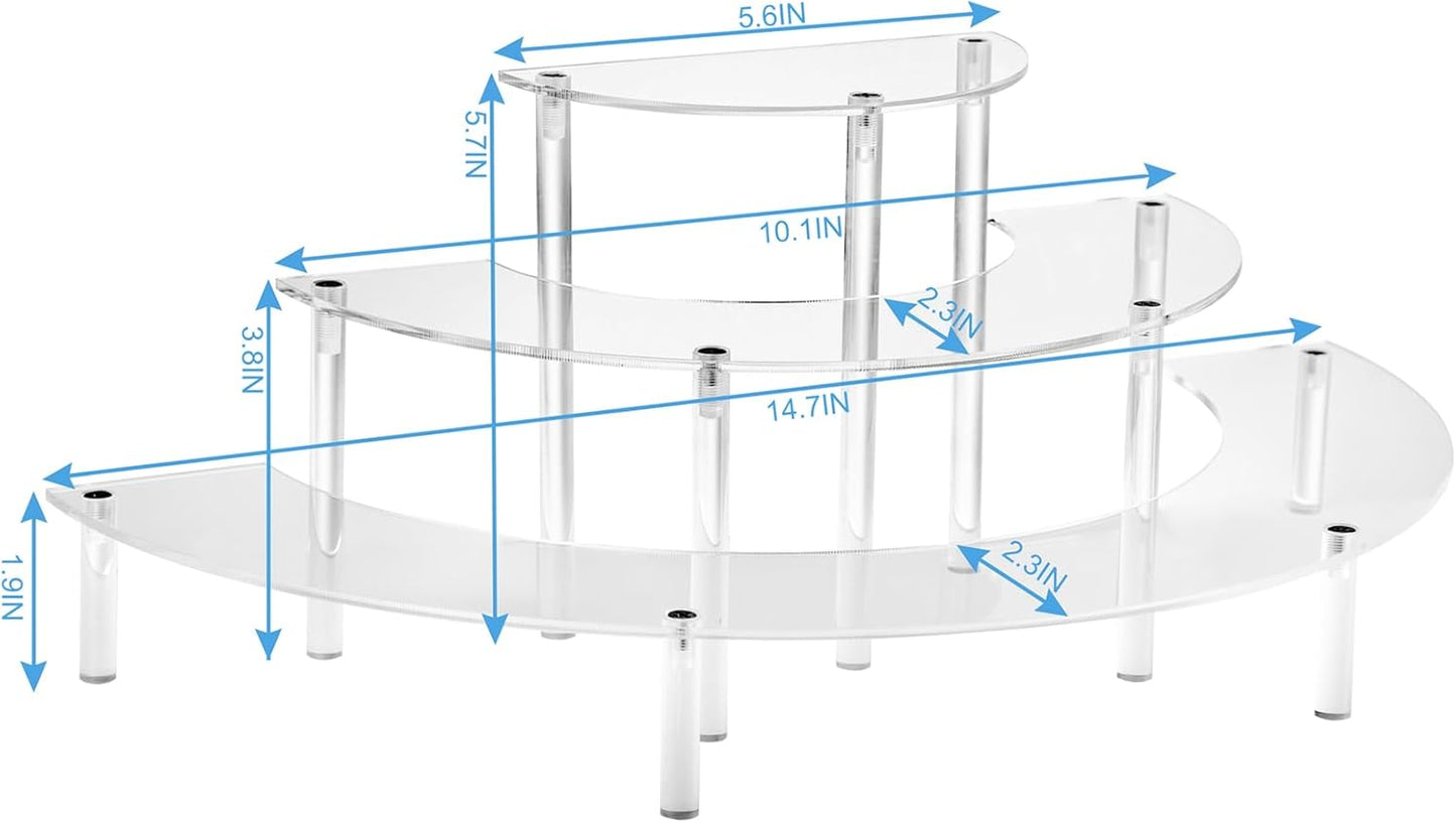 Acrylic Display Riser - 3 Tier Clear Cupcake Stand, Perfume Organizer, Half Moon Dessert Stand, Shelf for Food, Amiibo Funko POP Figure Display