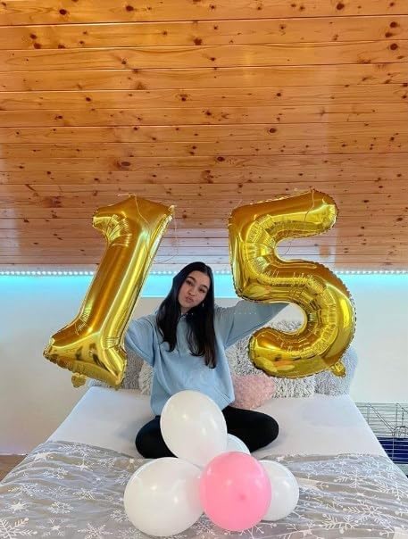 Gold Mylar Number 15 Balloon 40 inch, Number 15 Birthday Balloon for Boy Girl, Gold Foil 15 Balloon for 15 Birthday Party, Anniversary Celebration Number Balloons Decorations