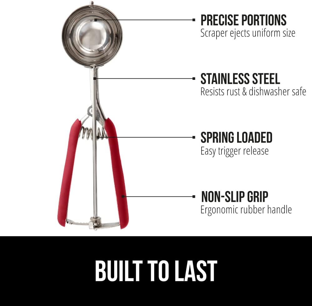 GORILLA GRIP Stainless Steel Cookie Scoop for Baking, 2 TBSP, Multipurpose Melon Baller, Meatball Spring Scoops, Perfect Portion Sizes, Easy Food Release, Scooper Size 40, BPA-Free Kitchen Tool, Red