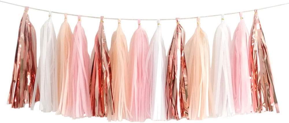 ZOOYOO Pink Shiny Tassel Garland Tissue Paper Tassel Banner,Table Decor,DIY Kits for Tassels Party Decoration,Pack of 20(Rose Gold, Peach, Light Pink, White)