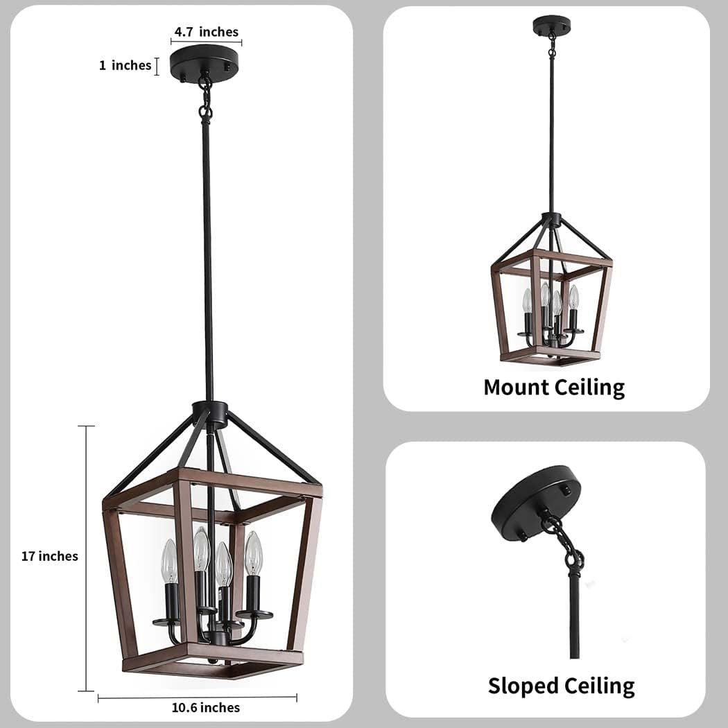 Farmhouse orb Metal Chandelier，4-Light Vintage Handmade Rustic Wood Pendant Hanging Light Fixture for Kitchen Island Dining Room Living Room Bedroom Foyer Hallway