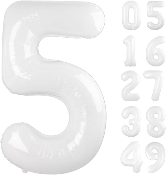 White 40 Inch Large Number 5 Birthday Balloon, 2025 Five 5th 15 25 35 50 55 Birthday Celebration Decorations, White Foil 5 Mylar Helium Balloons Girl Boy Anniversary Party Supplies