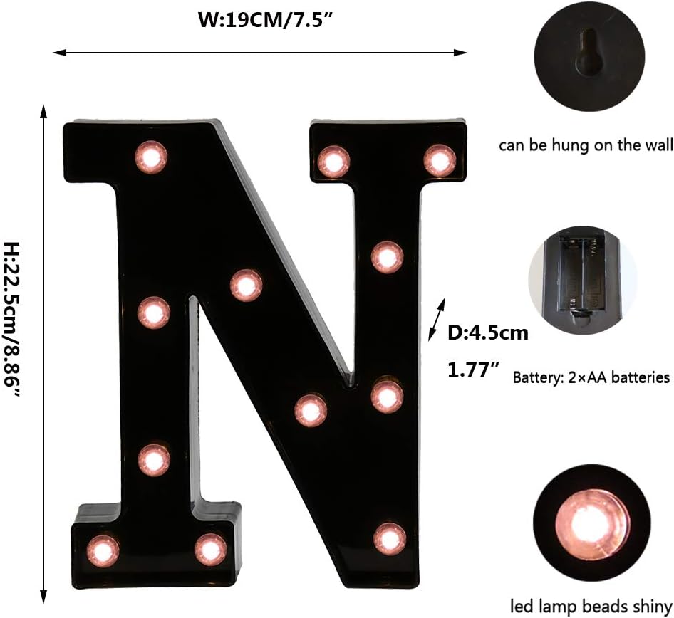 Light Up Black Alphabet Marquee Letters Sign LED Marquee Number Lights Sign for Night Light Home Bar Christmas Lamp Birthday Party Wedding Decoration N