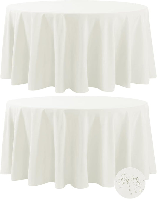 Fokitut 2 Pack Waterproof Round Tablecloth, 120 Inch, Stain Resistant and Wrinkle Polyester Table Cloth, Fabric Table Cover for Kitchen Dining, Wedding, Party, Holiday Dinner-Ivory