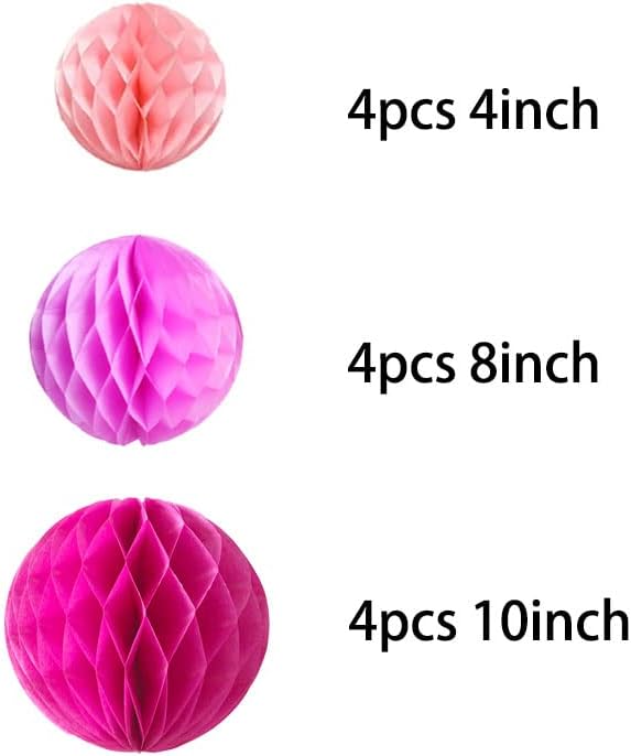 12pcs Party Honeycomb Balls Decorations 4'' 8'' 10'' Honeycomb Ball Flower Tissue Pom Poms Flower Balls Hanging Flower Balls for Baby Shower Birthday Wedding Nursery Wall Decor(4'' 8'' 10'' Pink Kit)