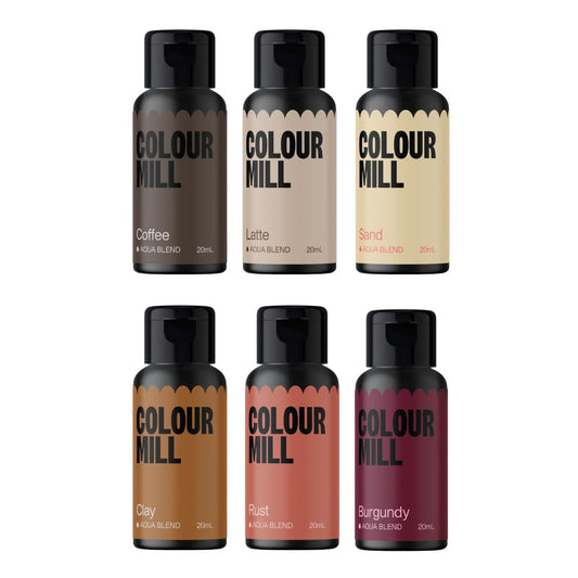 Colour Mill Outback Pack Aqua Blend Water-Based Food Coloring, 20 Milliliters Each of 6 Colors: Burgundy, Clay, Coffee, Latte, Rust and Sand