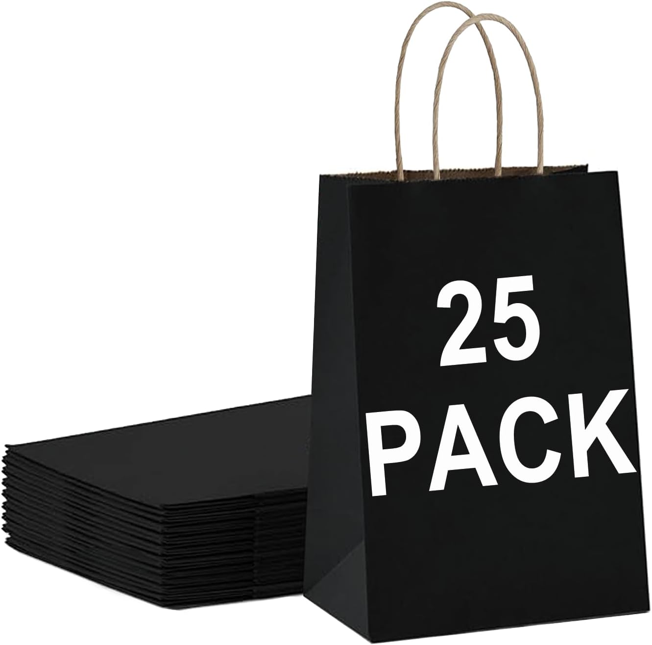 BAG BOX 25 Pack Small 5.9x3.1x8.25 Inch Black Kraft Paper Gift Bags with Handles for Bulk Shopping, Retail, Craft, Party Favors, Wedding, Grocery & Sacks
