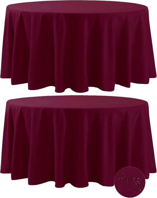 Fokitut 2 Pack Waterproof Round Tablecloth, 120 Inch, Stain Resistant and Wrinkle Polyester Table Cloth, Fabric Table Cover for Kitchen Dining, Wedding, Party, Holiday Dinner-Burgundy