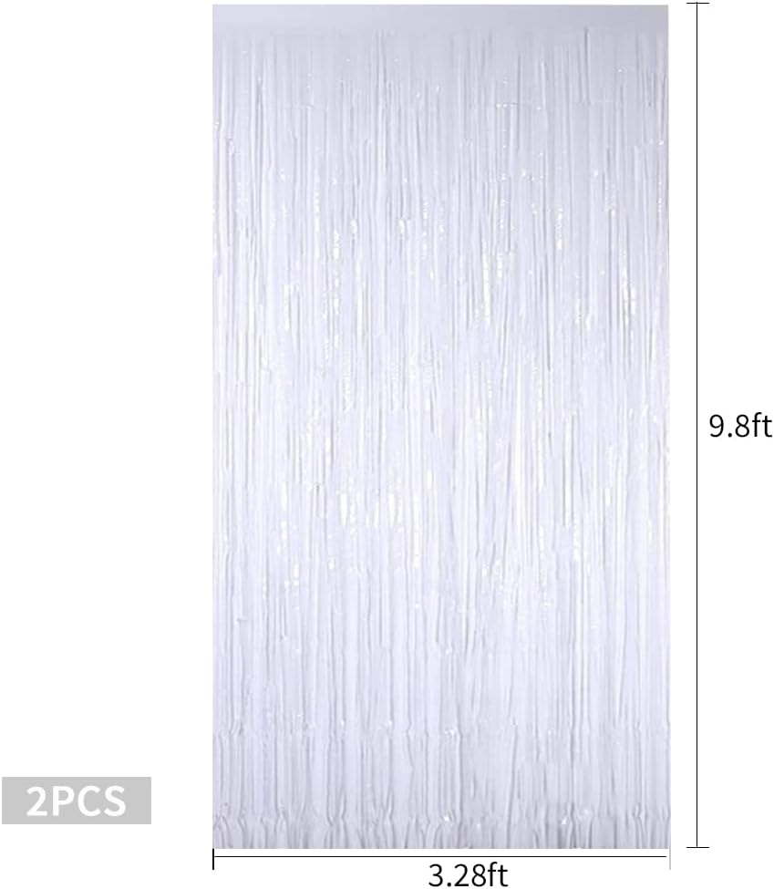 TONIFUL 2Pcs White Metallic Tinsel Foil Fringe Curtains,White Photo Booth Backdrop Streamer Curtain Photo Booth Props for Bachelorette Party,Birthday,Graduation,Christmas Decor(6.6ft x 9.9ft)