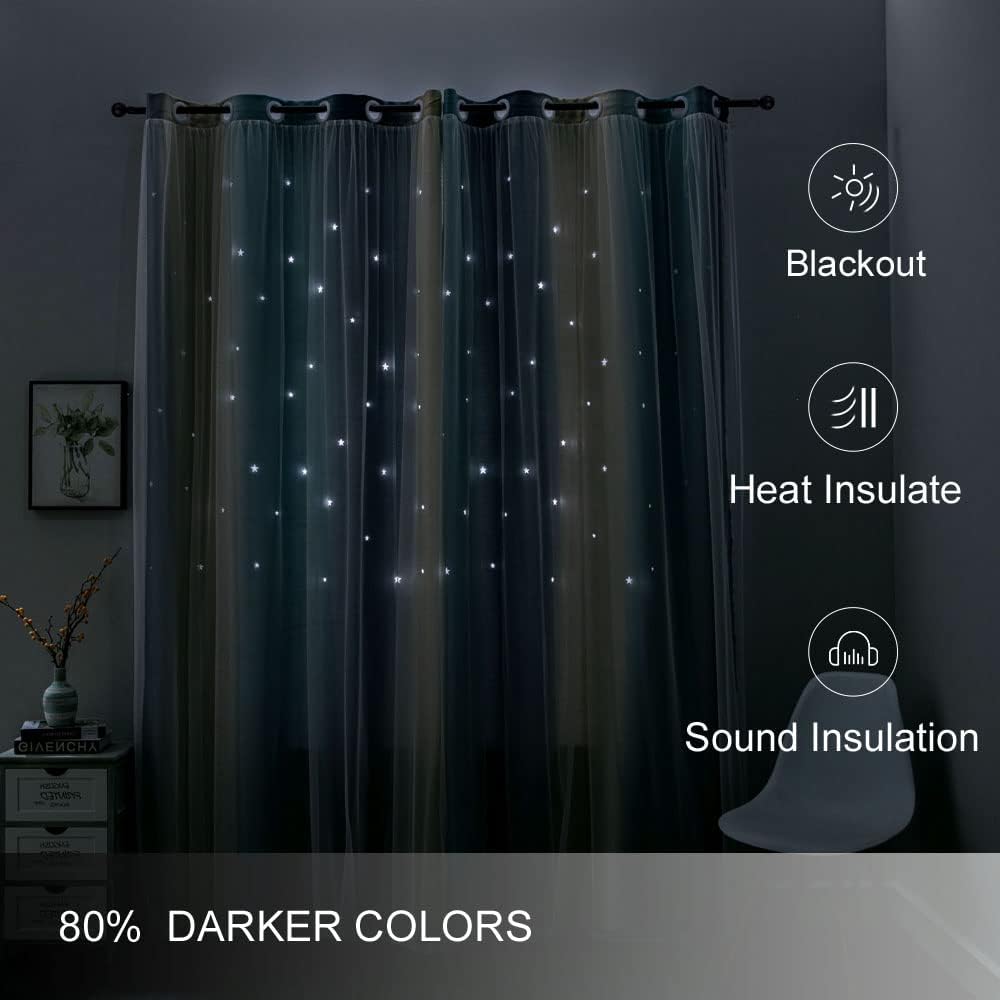 FANLI Ombre Rainbow Blackout Curtains for Kid Girls Bedroom Living Room Darking Stripe Double Layer Star Cut Out Wall Home Decor Gradient Grommet Window Curtains (Blue/Yellow, 52W x 72L)