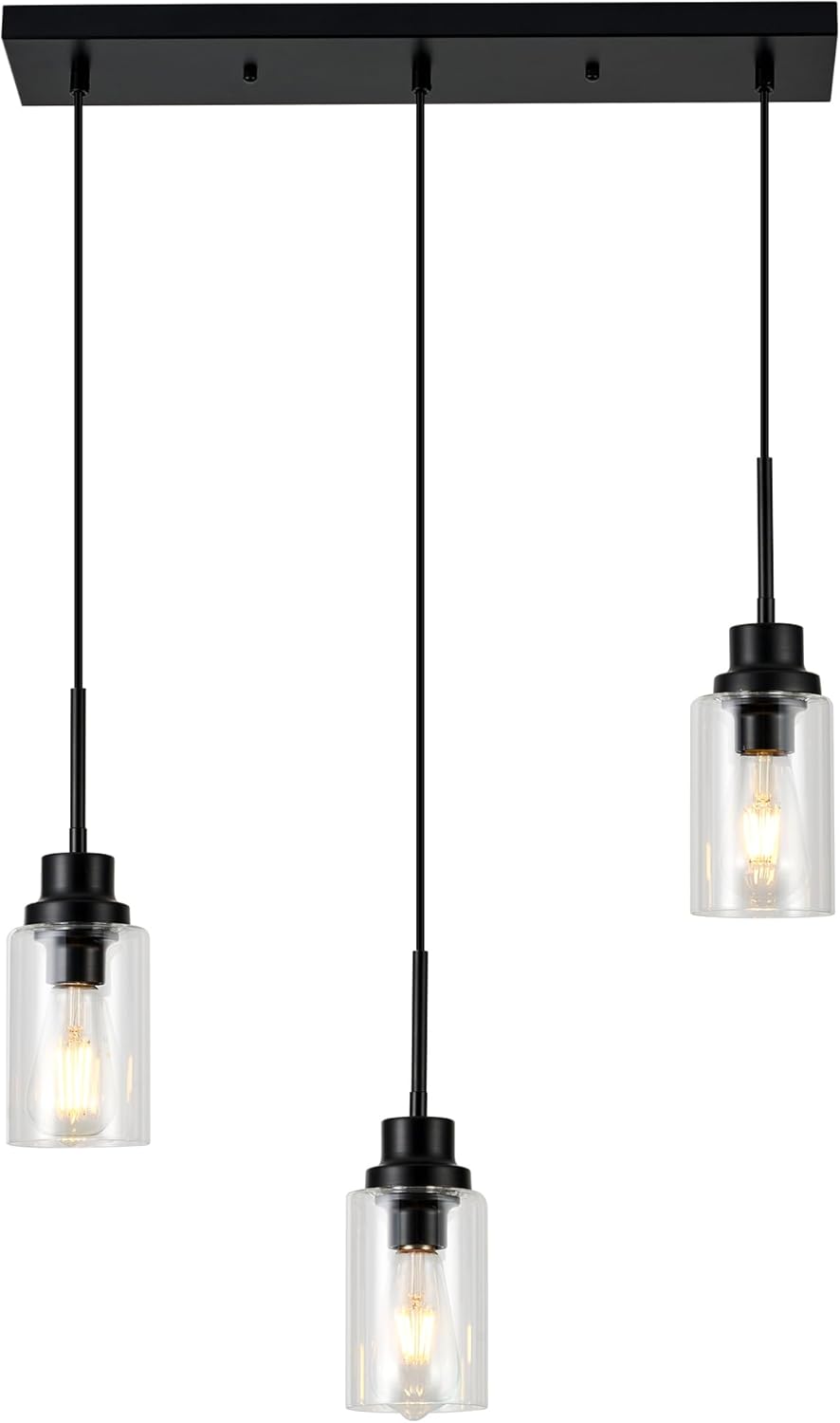 3-Lights Pendant Light Fixtures, Modern Black Kitchen Island Lighting with Clear Glass Shade, Adjustable Hanging Ceiling Lamp