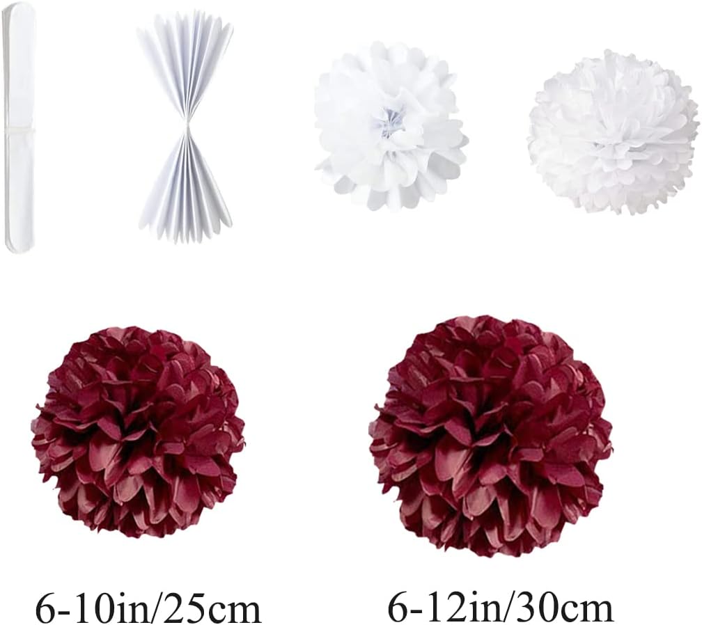 12pcs 10in 12in Burgundy Paper Pom Poms Tissue Paper Flower Hanging Paper Flower Balls Wedding Party Flower Decorations DIY Art Craft Blooms for Birthday Baby Shower Nursery Decor