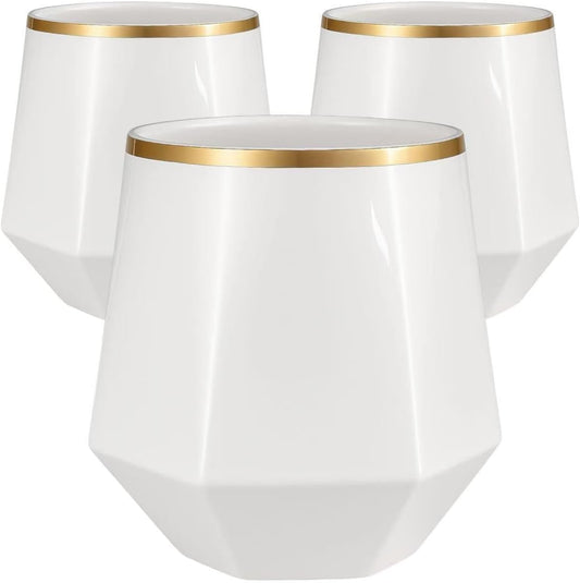 40 count Diamond Unbreakable Stemless Plastic Wine Champagne Whiskey Glasses Elegant Durable Disposable Indoor Outdoor Ideal for Home, Office, Bars, Wedding, 12 Ounce Cups (Diamond White Matte Gold)
