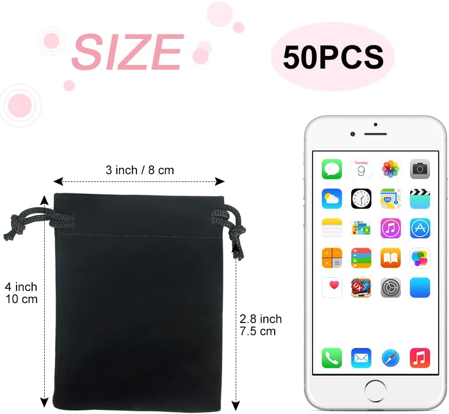 Shintop 50pcs Little velvet Jewelry bags, 3x4inch Black Drawstring Gift pouches Coin Purse for Dice Small Business Party Favor