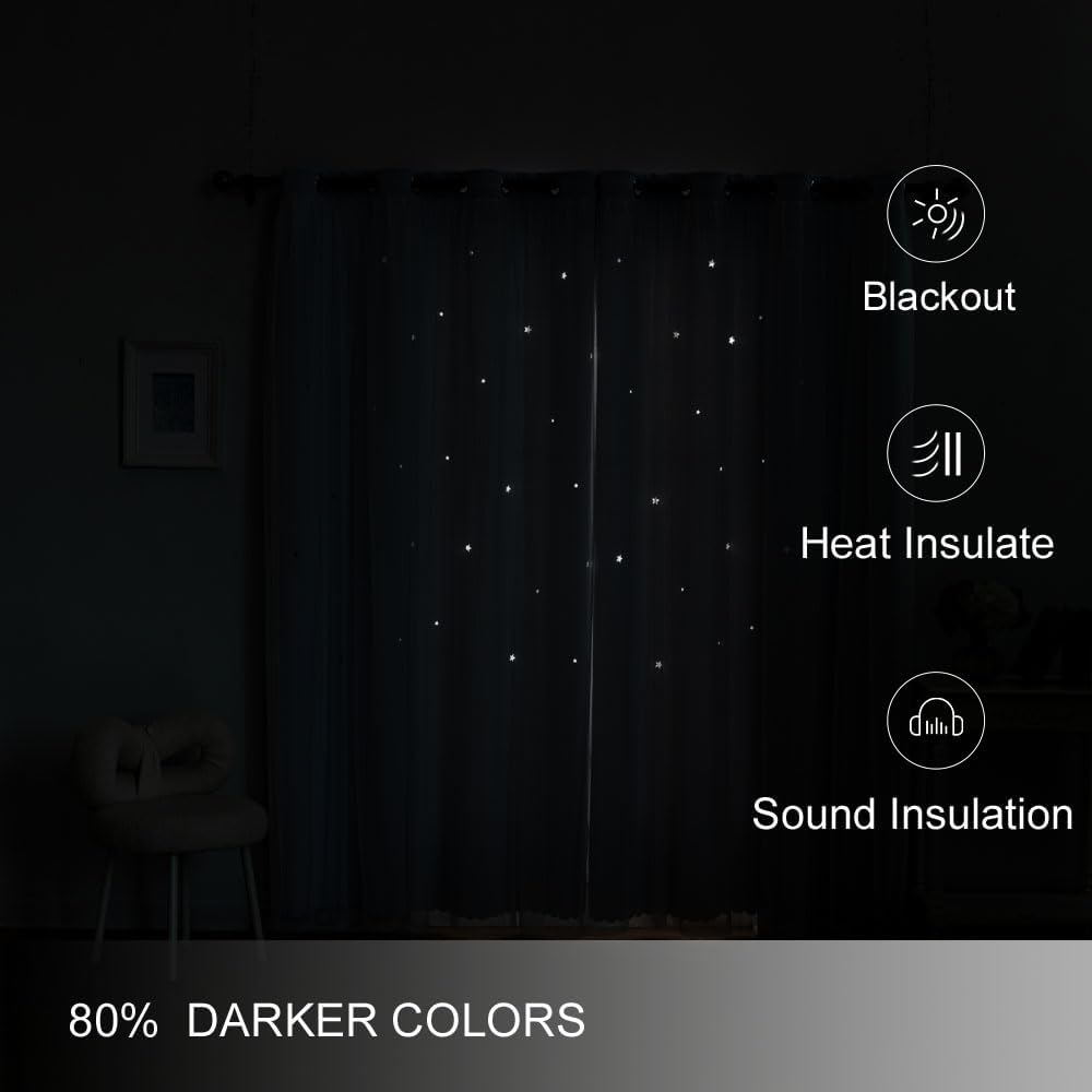 Ombre Rainbow Blackout Curtains for Kid Girls Bedroom Living Room Darking Stripe Double Layer Star Cut Out Wall Home Decor Gradient Grommet Window Curtains (Greywish White 84)