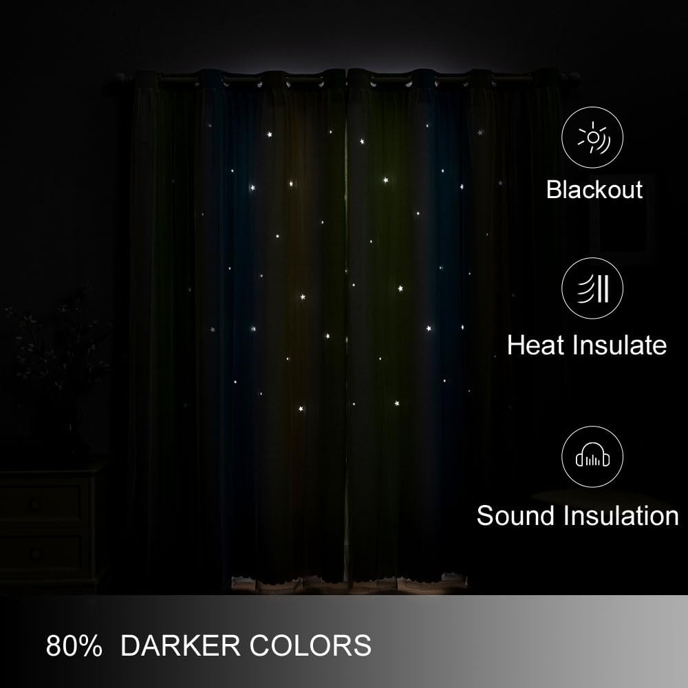 FANLI Ombre Rainbow Blackout Curtains for Kid Girls Bedroom Living Room Darking Stripe Double Layer Star Cut Out Wall Home Decor Gradient Grommet Window Curtains （Blue Green 52Wx95L）