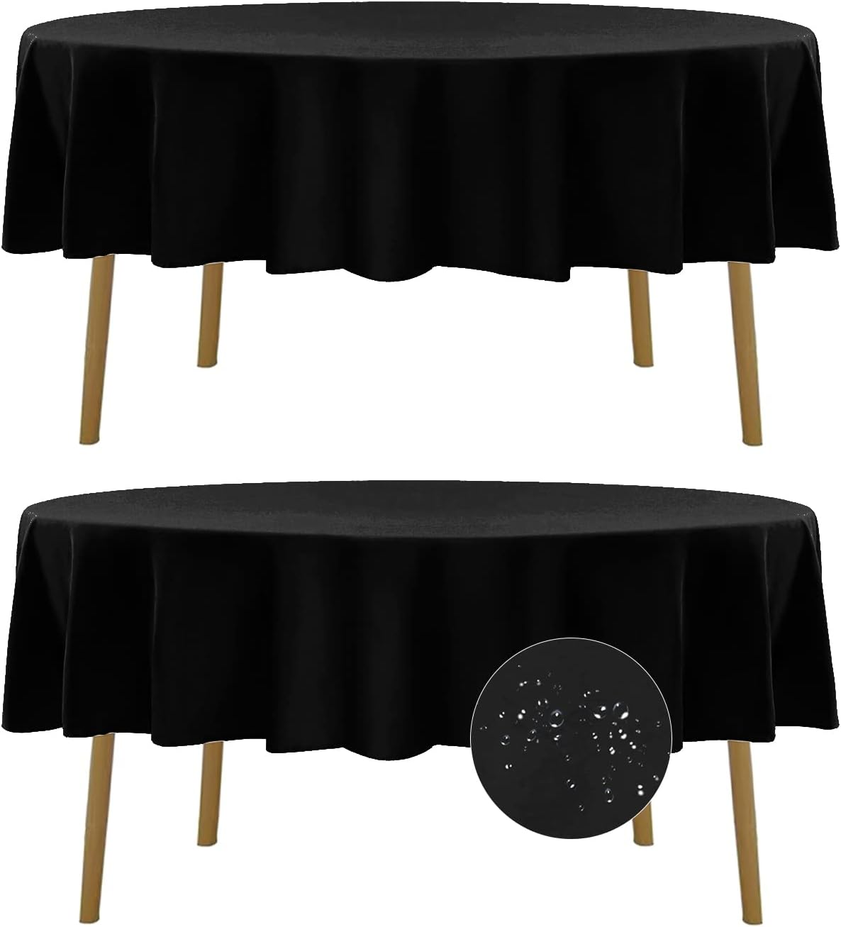 Fokitut 2 Pack Waterproof Round Tablecloth, 70 Inch, Stain Resistant and Wrinkle Polyester Table Cloth, Fabric Table Cover for Kitchen Dining, Wedding, Party, Holiday Dinner-Black