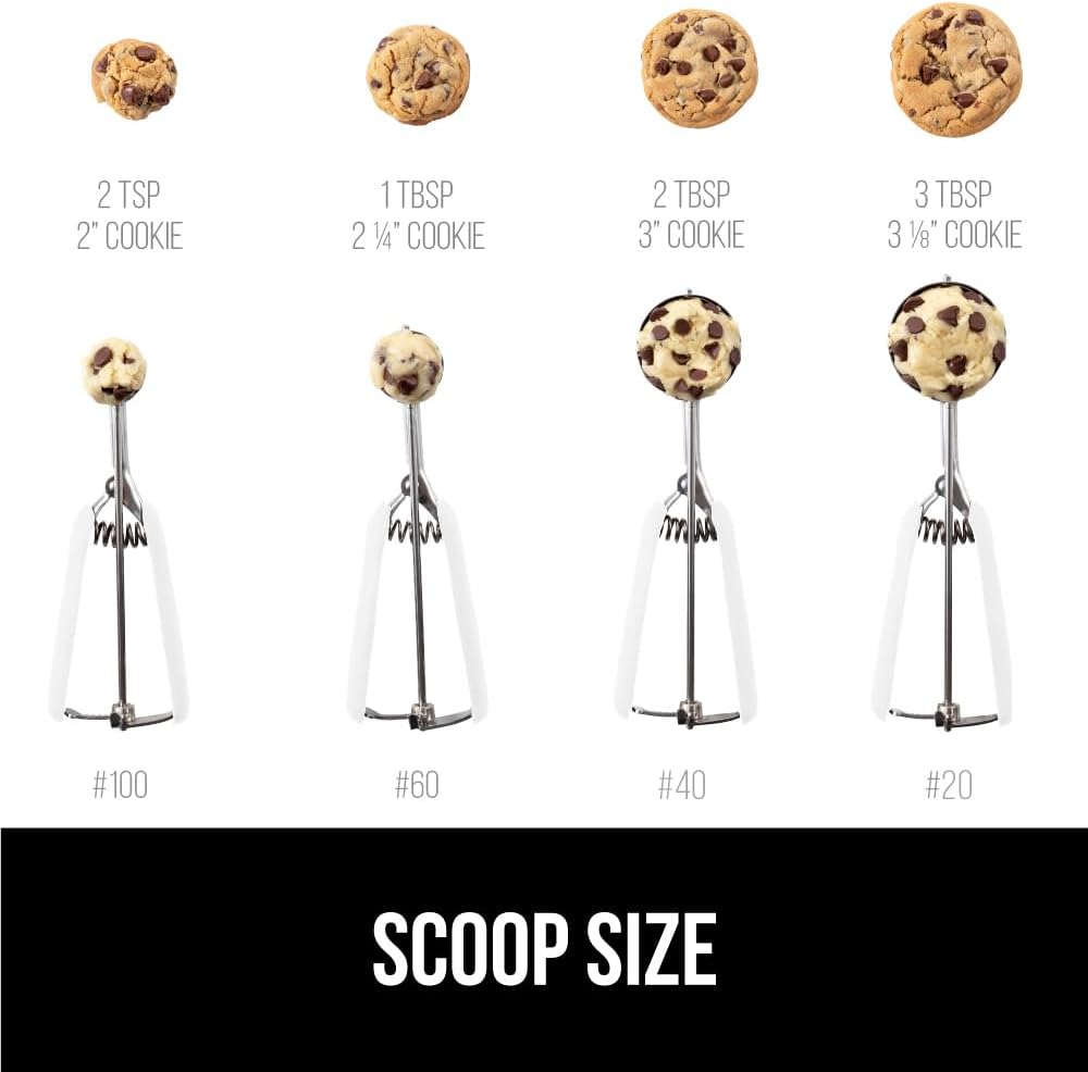 GORILLA GRIP Stainless Steel Multipurpose BPA-Free Spring Scoop, 2 TBSP, Melon Ballers, Cookie Dough Scoops, Perfect Portion Sizes, Easy Squeeze and Clean Release, Scooper Size 40, White