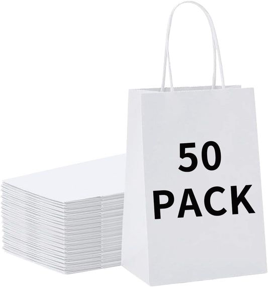 BAG BOX 50 Pack 5.9x3.1x8.25 Inch White Gift Bags with Handles,Bulk Kraft Paper Bags for Shopping, Retail, Merchandise, Wedding, Party Favors, Paper Grocery Sacks