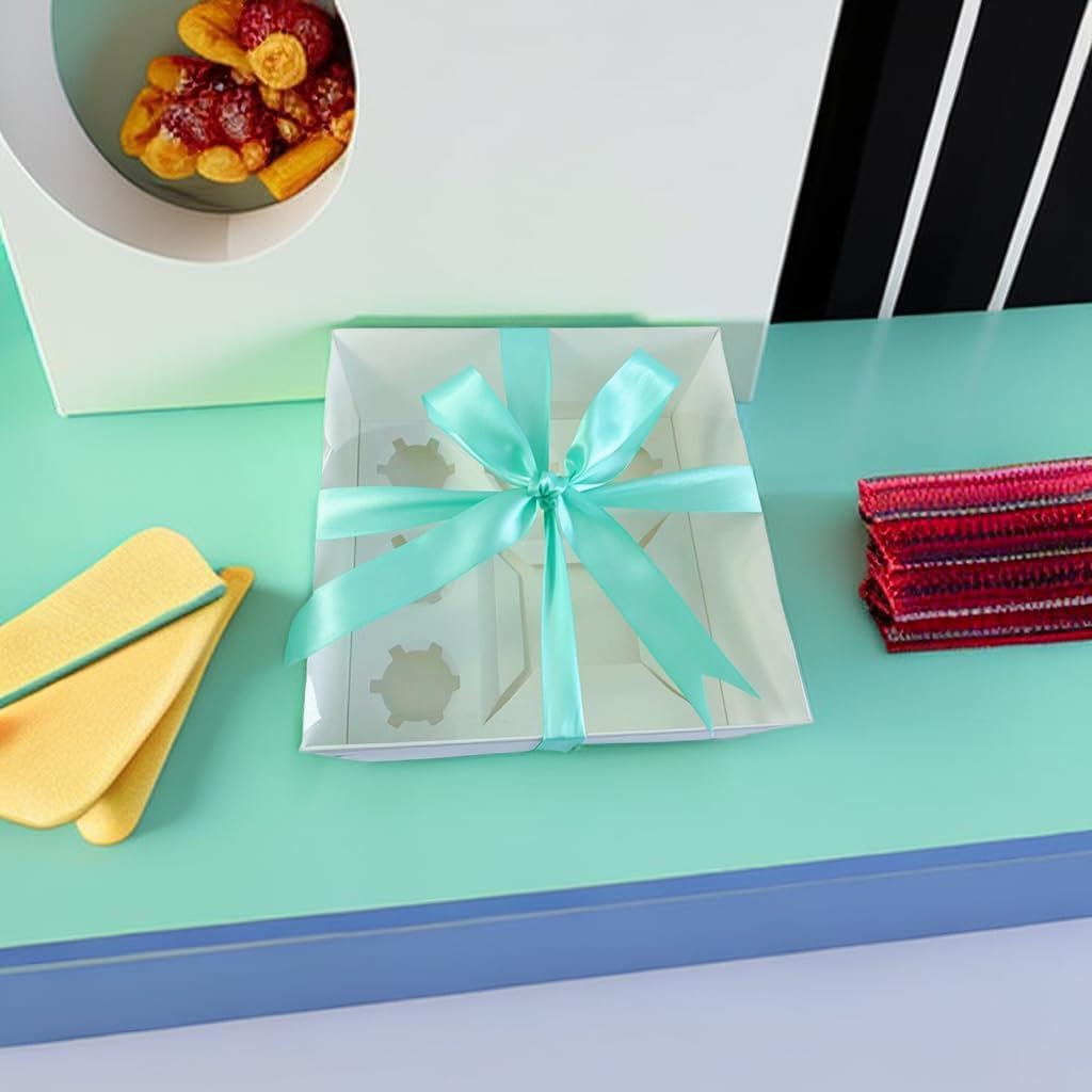 Bento Cake and Cupcake Box 2-in-1 4-inch Cake and 5 Cupcakes Box 5 Sets with One Wide Roll of Ribbon for Family Dinner Birthday Party Picnic Gift (TB02)