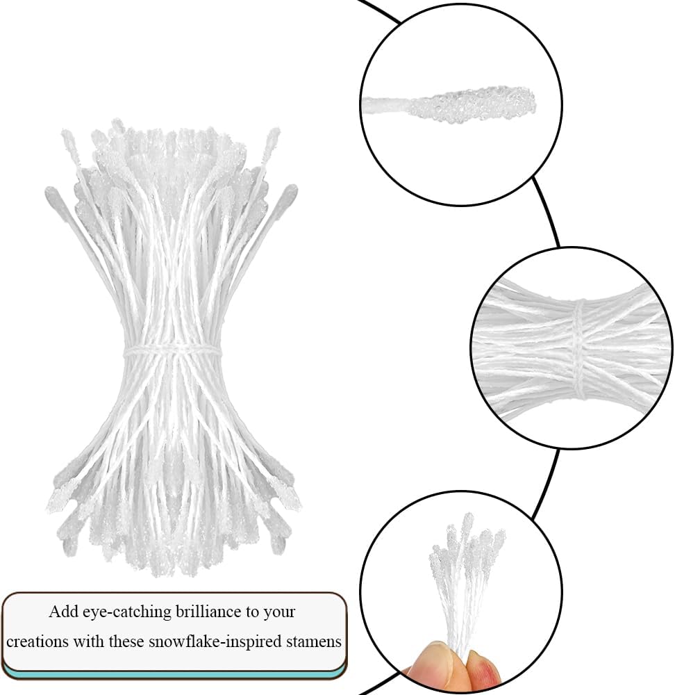 HAHIYO 700Pcs 2mm White Double-Head Flower Stamen with Crystal-Like Flower Head for Handmade Floral Art Scrapbook Decoration Artificial Floral Pistils Pollen Stamens Wedding DIY Stamens