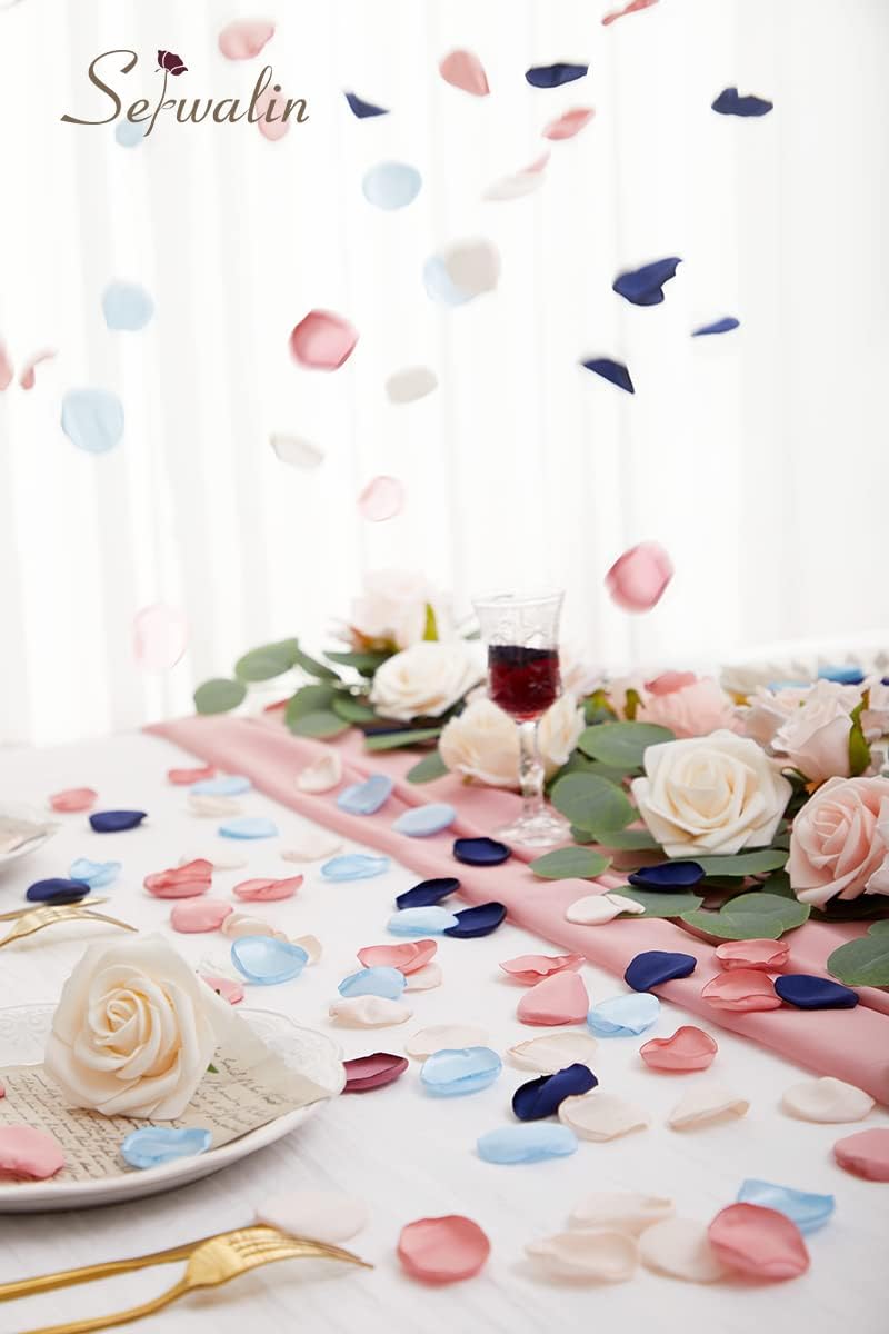 Serwalin 500pcs Silk Rose Petals Artificial Flower Pink Navy Blue for Weddings Proposal Fake Petals for Flower Girl Basket Bridal Shower (4 Color Mixes)