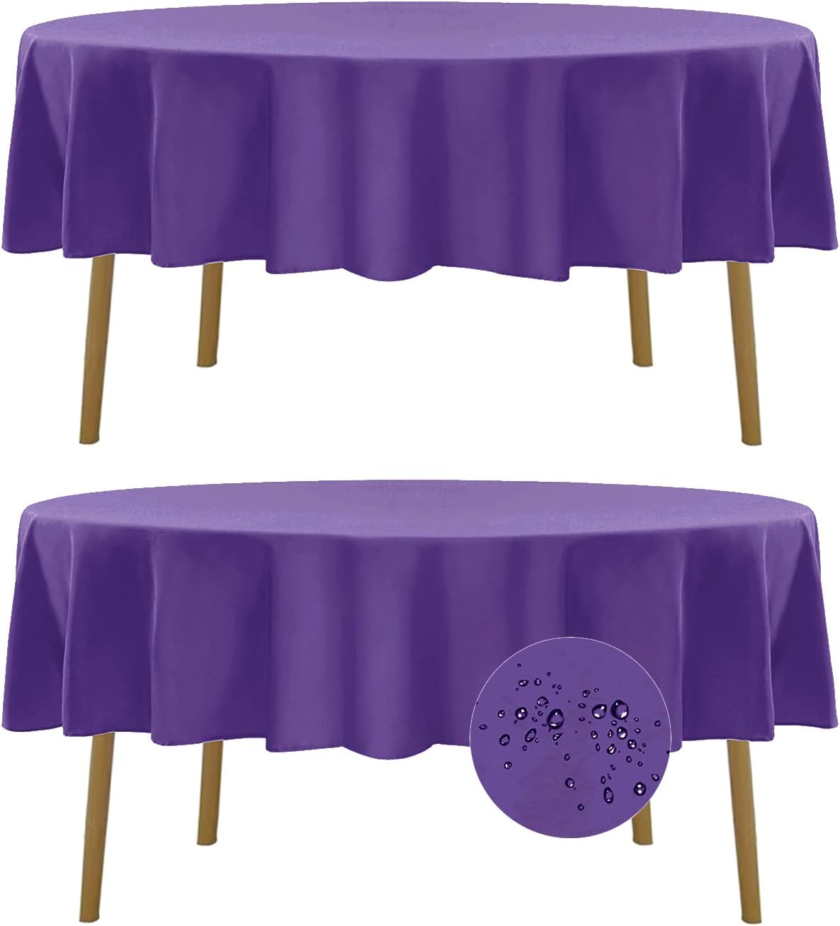Fokitut 2 Pack Waterproof Round Tablecloth, 70 Inch, Stain Resistant and Wrinkle Polyester Table Cloth, Fabric Table Cover for Kitchen Dining, Wedding, Party, Holiday Dinner-Purple