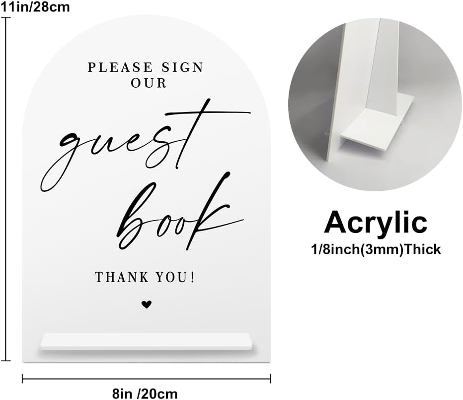 White Acrylic Guest Book Sign, Please Sign Our Guestbook Sign with Stand- 8x11 Inch Modern Calligraphy Arch Diagonal Acrylic Sign for Wedding Reception, Wedding Decoration Sign-bs-hlp05
