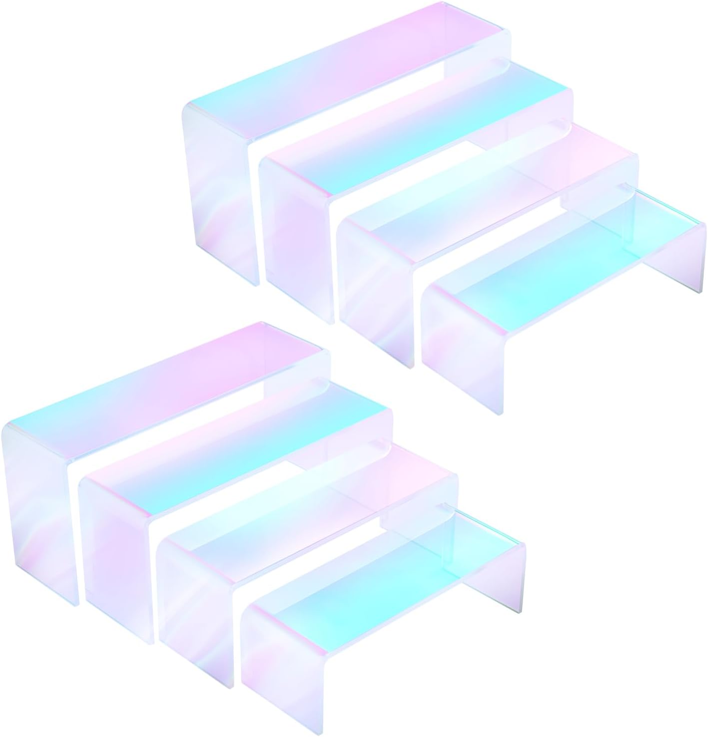 Iridescent Acrylic Display Risers, 8pcs Rainbow Display Stand Rectangular Stands Showcase Transparent Display Shelf for Dessert Cupcake Collectibles Figures Jewelry Perfume (Iridescent-8pcs)