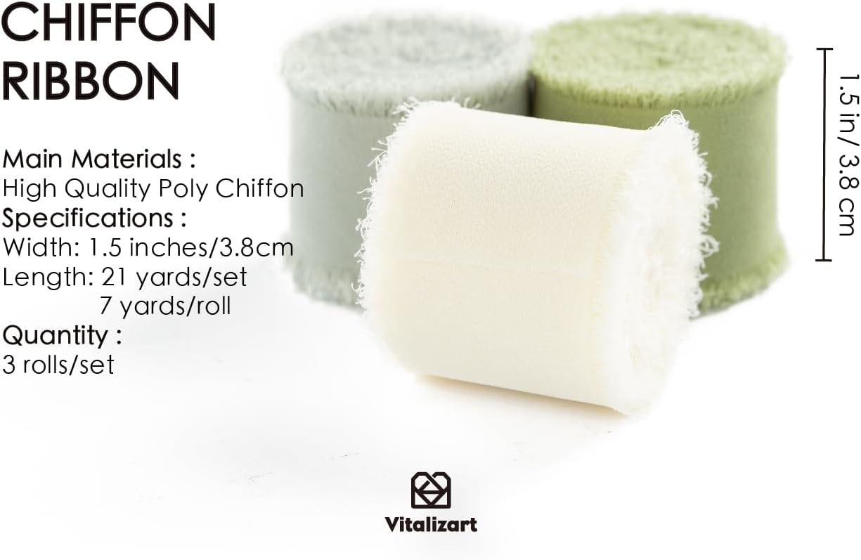 Vitalizart Sage Green Handmade Chiffon Silk Ribbon Fringe 1.5" x 21 Yd Frayed Edges Ribbons for Wedding Invitations Bridal Bouquets Gifts Wrapping Crafts Holiday Party Decorations