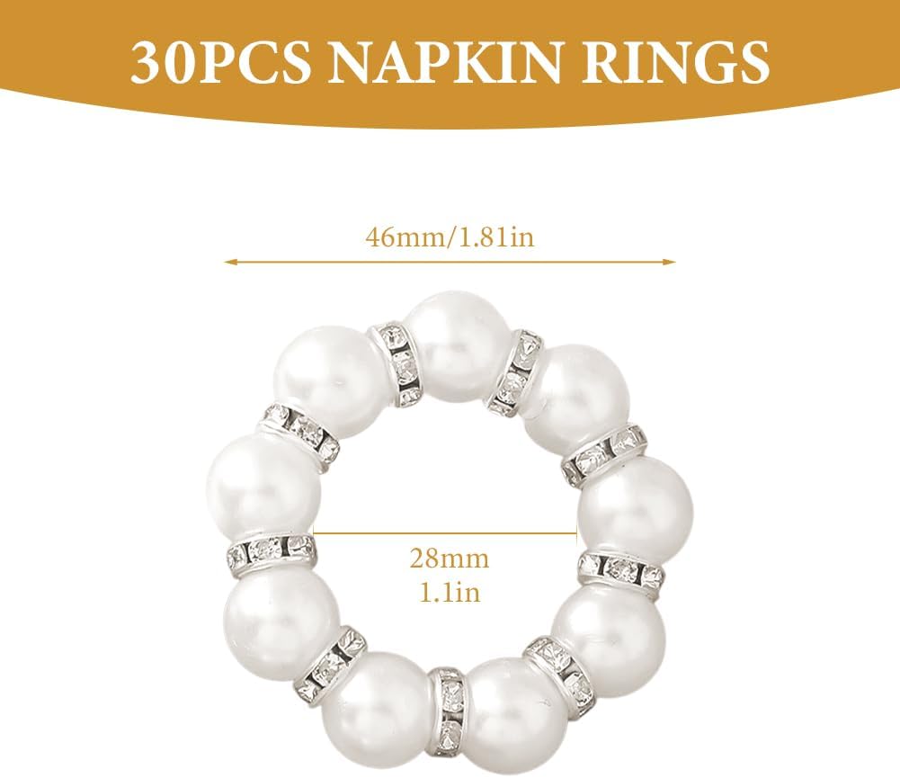 30Pcs Pearl Napkin Rings, Round Napkin Buckles Wedding Beaded White Napkin Rings Silver Napkin Ring Holder for Formal Dinner Reception Party Banquet Table Decor (Sliver)
